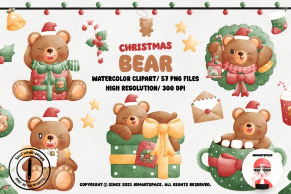 Christmas Bear Watercolor Clipart for Illustrations
