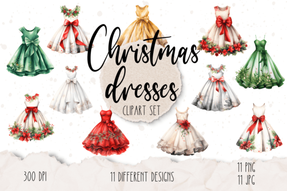 Christmas Dresses Clipart Set: Festive Illustrations