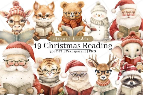 Christmas Reading Watercolor Clipart & Illustrations
