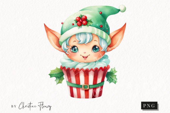 Cute Christmas Elf Cupcake Clipart Illustrations