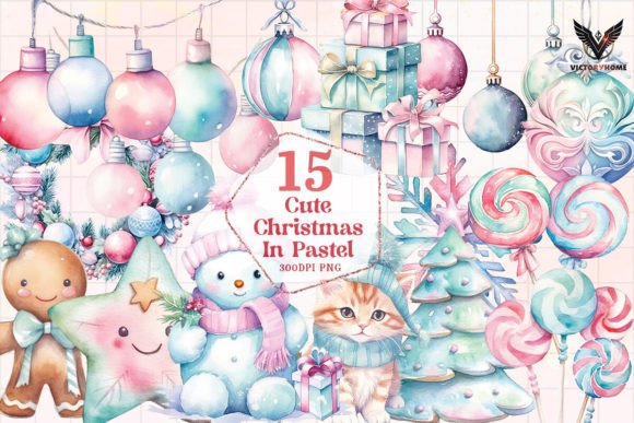 Cute Christmas in Pastel Clipart PNG Illustrations