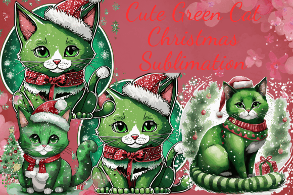 Cute Green Cat Christmas Sublimation Illustrations