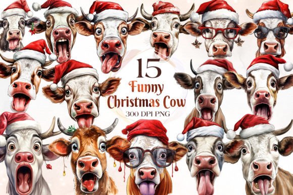 Funny Christmas Cow Clipart for Illustrations