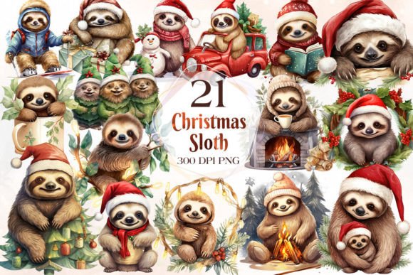 Funny Christmas Sloth Clipart Bundle: Festive Illustrations