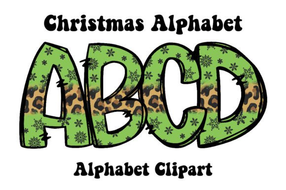 Green Leopard Christmas Doodle Alphabet Illustrations