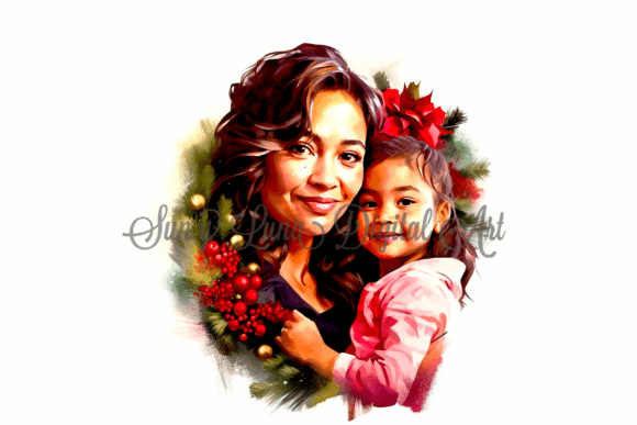 Hispanic Mother Daughter Christmas Illustrations