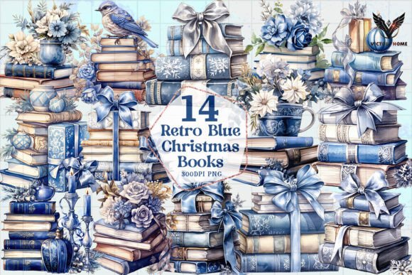 Retro Blue Christmas Books Clipart PNG Review