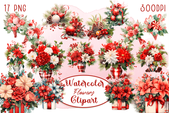 Watercolor Christmas Flowers Poinsettia Illustrations